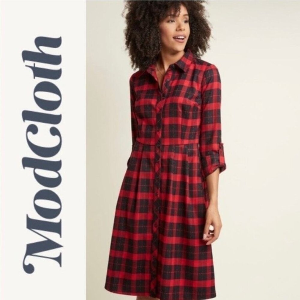EUC Modcloth Large Black and Red Plaid Flannel Shirt Dress